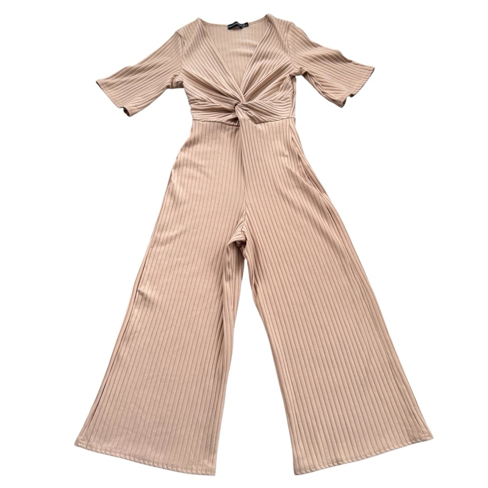 PrettyLittleThing Beige Cream Ribbed Jumpsuit Size 4 (XS-S) Cropped Crop NEW